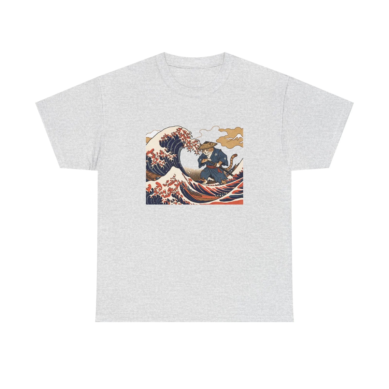 Ronin & Wave Ukiyo-e Cat T-Shirt - Heavy Cotton Classic Fit Tee - Unisex White