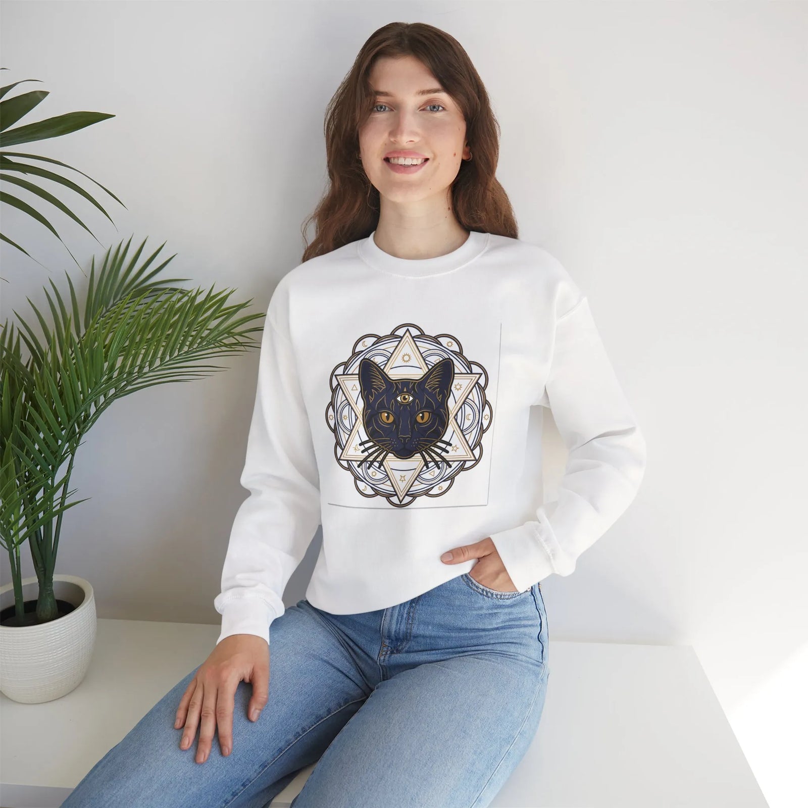 Third Eye Sacred Geometry Cat Sweatshirt - Heavy Blend Fleece Crewneck - Unisex White