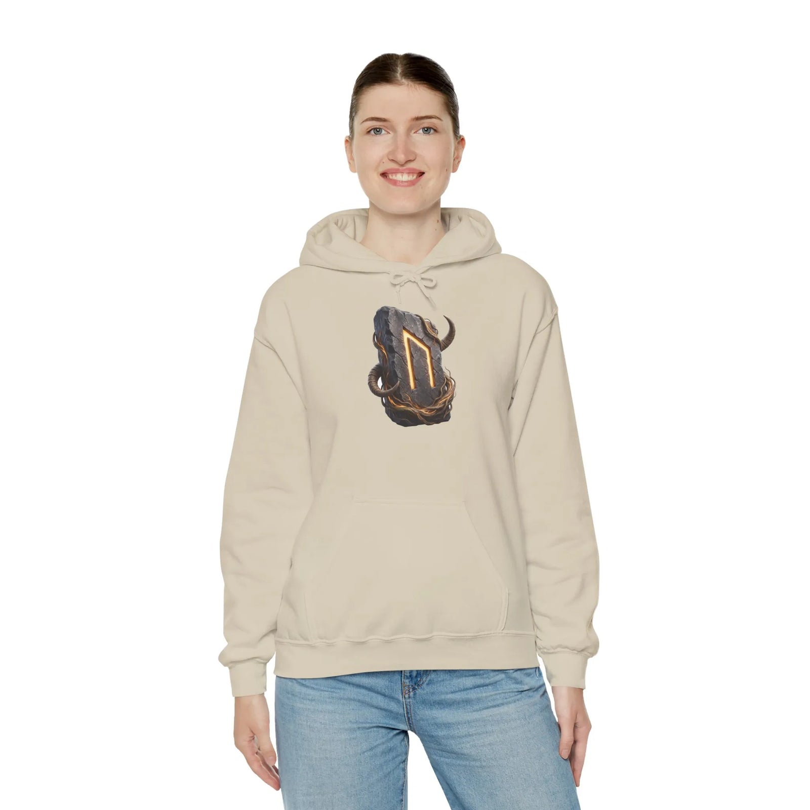 Uruz Runic Symbol Hoodie - Heavy Blend Fleece Pullover - Unisex Off White