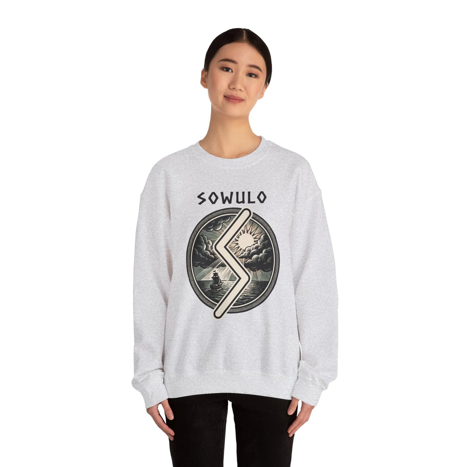 Sowulo Rune Sun Compass Sweatshirt - Heavy Blend Crewneck Fleece - Unisex White