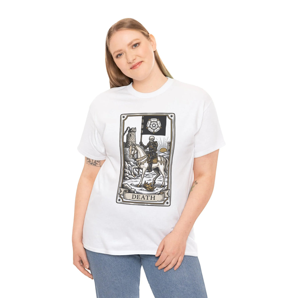 Death Tarot Card Knight Graphic T-Shirt - Heavyweight 100% Cotton Classic Fit Tee - Unisex White