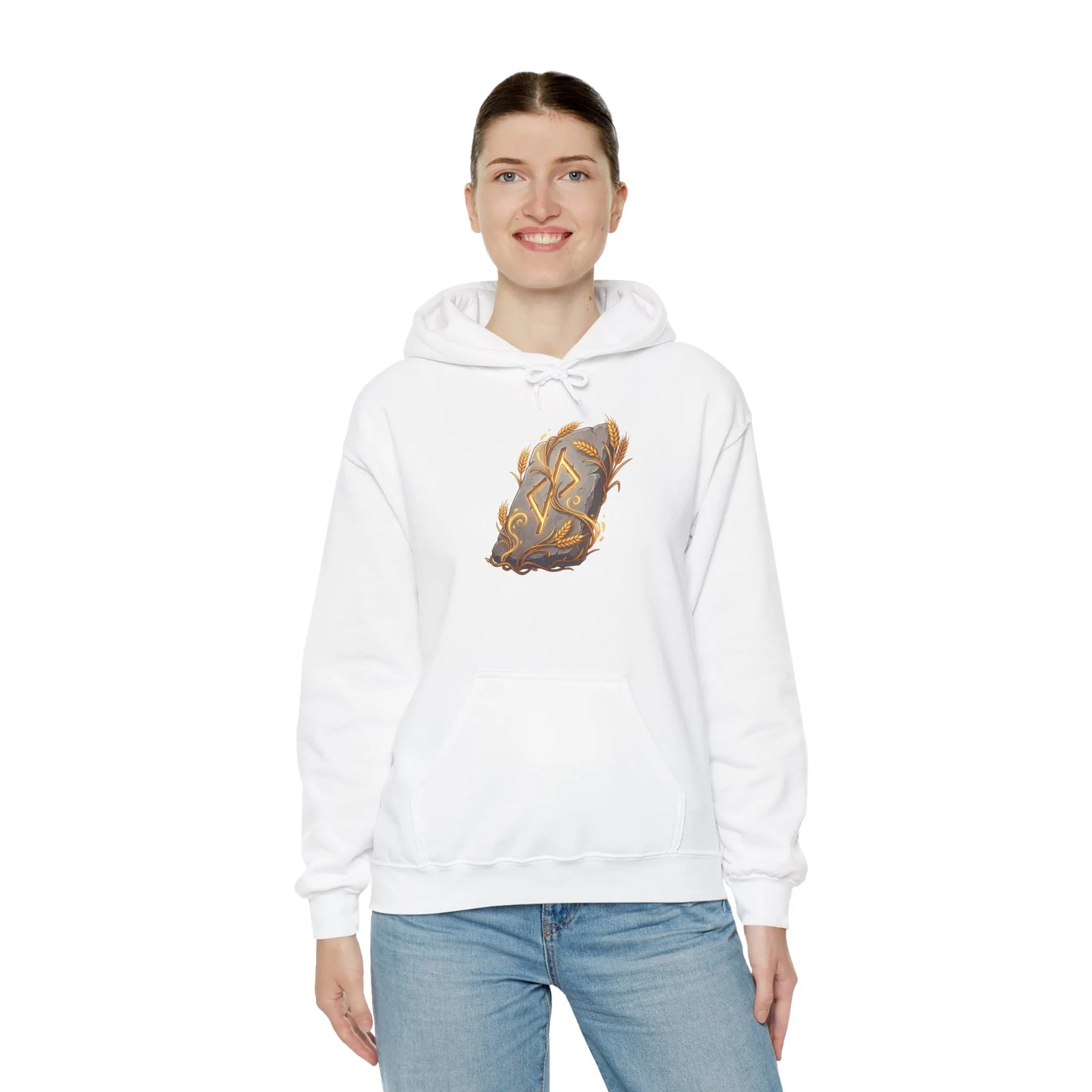 Jera Rune Harvest Wheel Hoodie - Soft Cotton Blend Pullover Hoodie - Unisex White