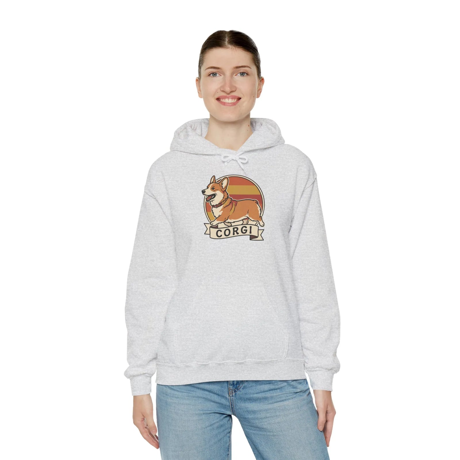 Corgi Retro 70s Sunset Graphic Hoodie - Soft Cotton-Poly Blend Pullover - Unisex White