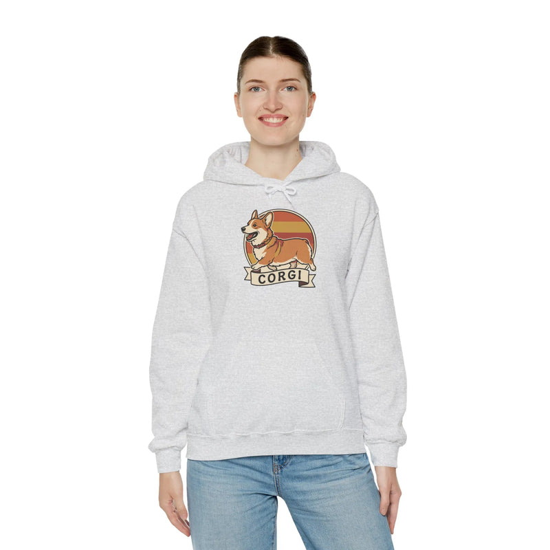 Corgi Retro 70s Sunset Graphic Hoodie - Soft Cotton-Poly Blend Pullover - Unisex White