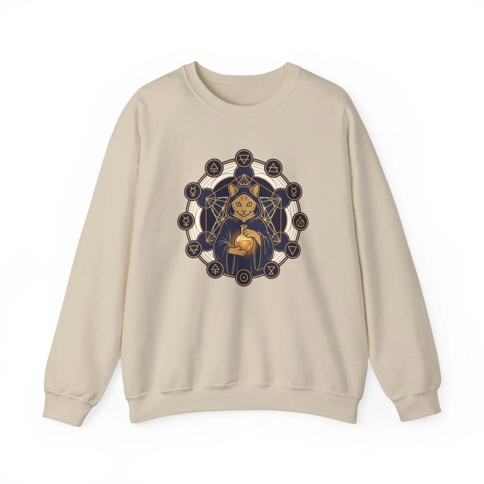 Sacred Geometry Alchemist Cat Sweatshirt - Heavy Blend Fleece Crewneck - Unisex White