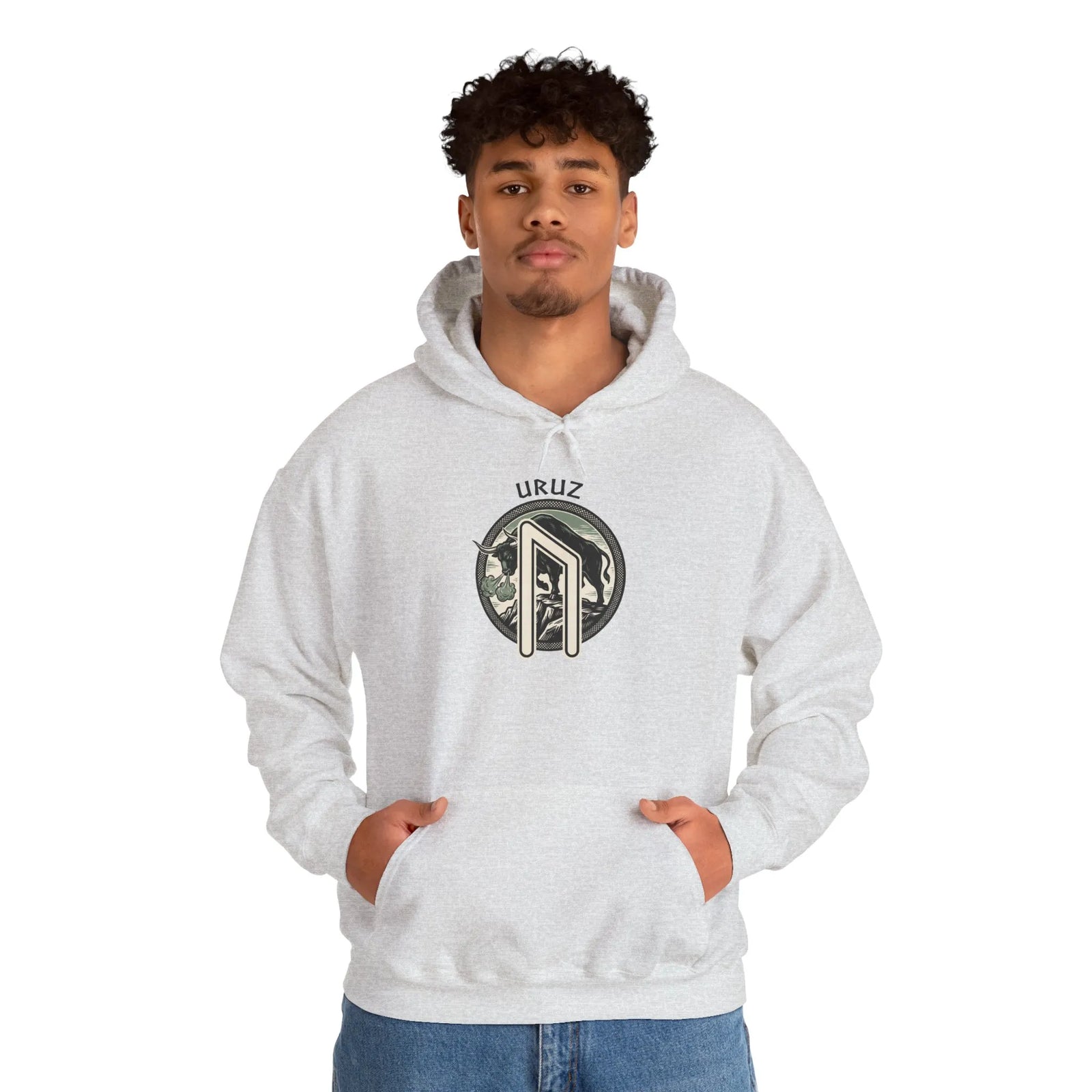 Uruz Rune Bull Norse Graphic Hoodie - Soft Cotton Blend Classic Fit Pullover - Unisex White