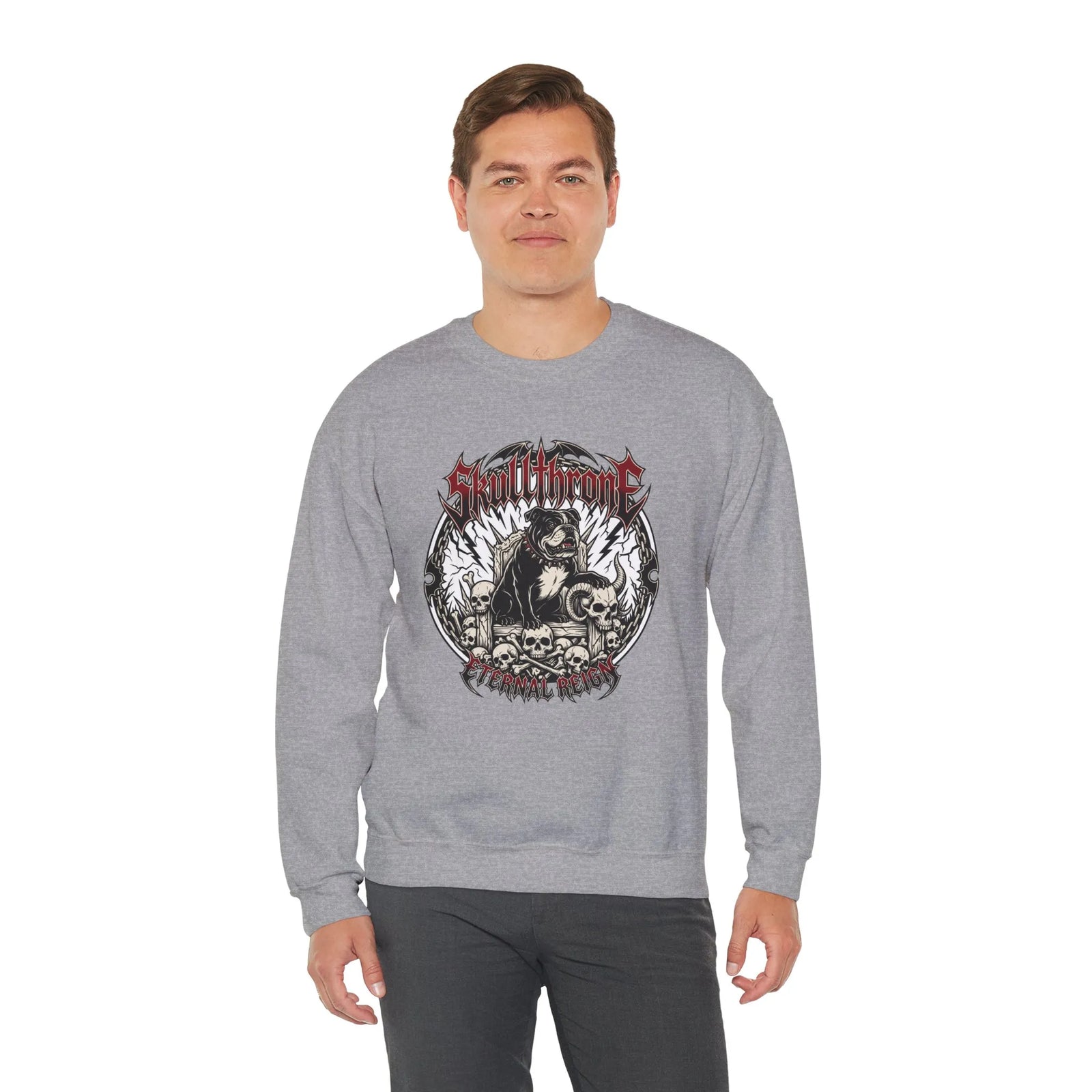 Skull Throne Heavy Metal Rocker Dogs Sweatshirt - Heavy Blend Cotton Poly Crewneck - Unisex White