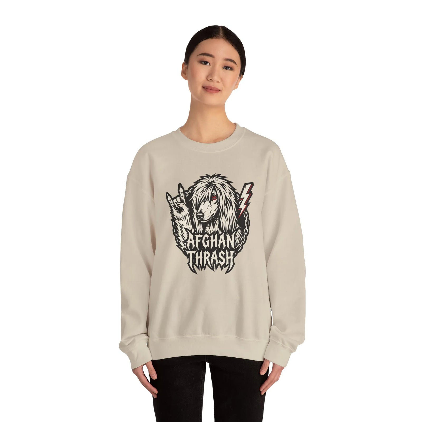 Headbanger Heavy Metal Dog Graphic Sweatshirt - Heavyweight Cotton Blend Fleece - Unisex White