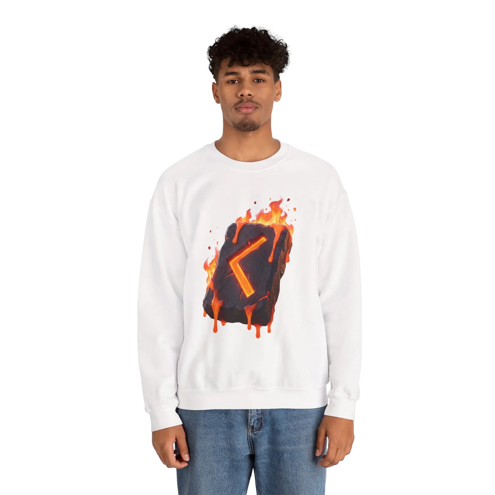 Kenaz Rune Fire Graphic Sweatshirt - Heavy Blend Fleece Crewneck - Unisex White