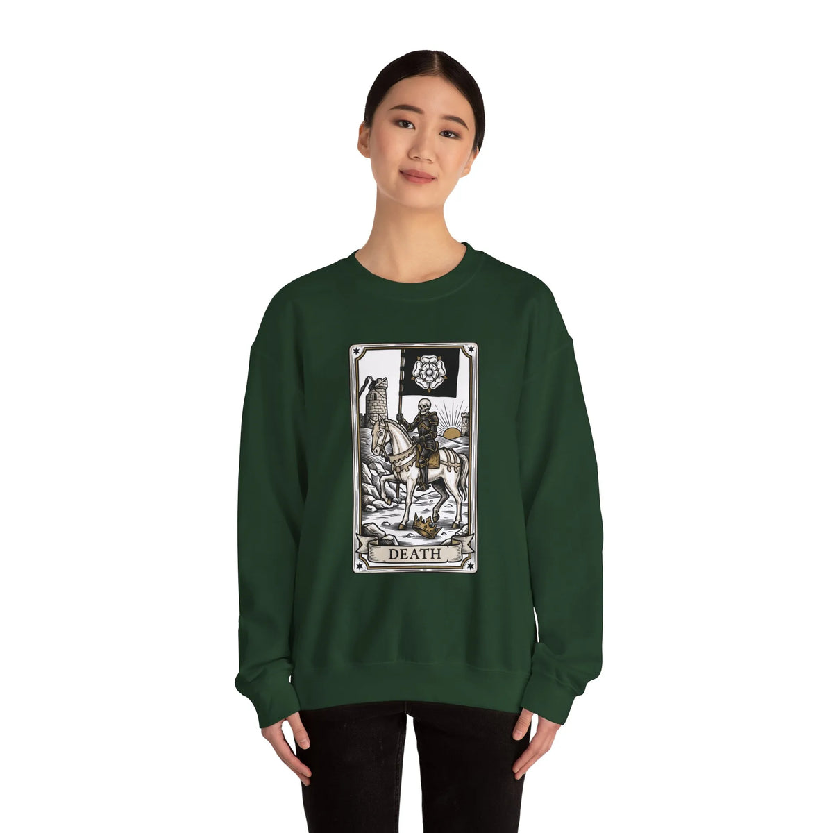 Tarot Death Card Graphic Sweatshirt - Heavy Blend Classic Fit Crewneck - Unisex White