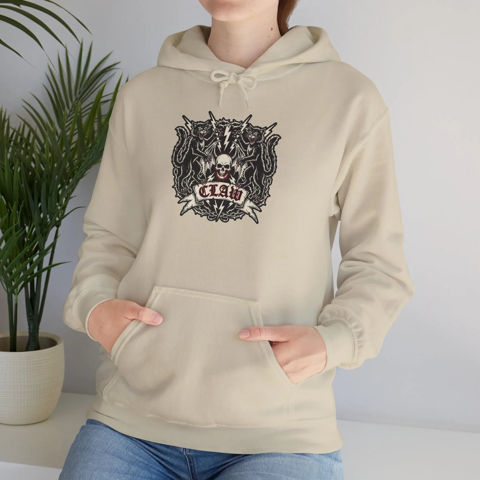 Band Crest Heavy Metal Rocker Cats Hoodie - Heavyweight Cotton Blend Classic Fit - Unisex White