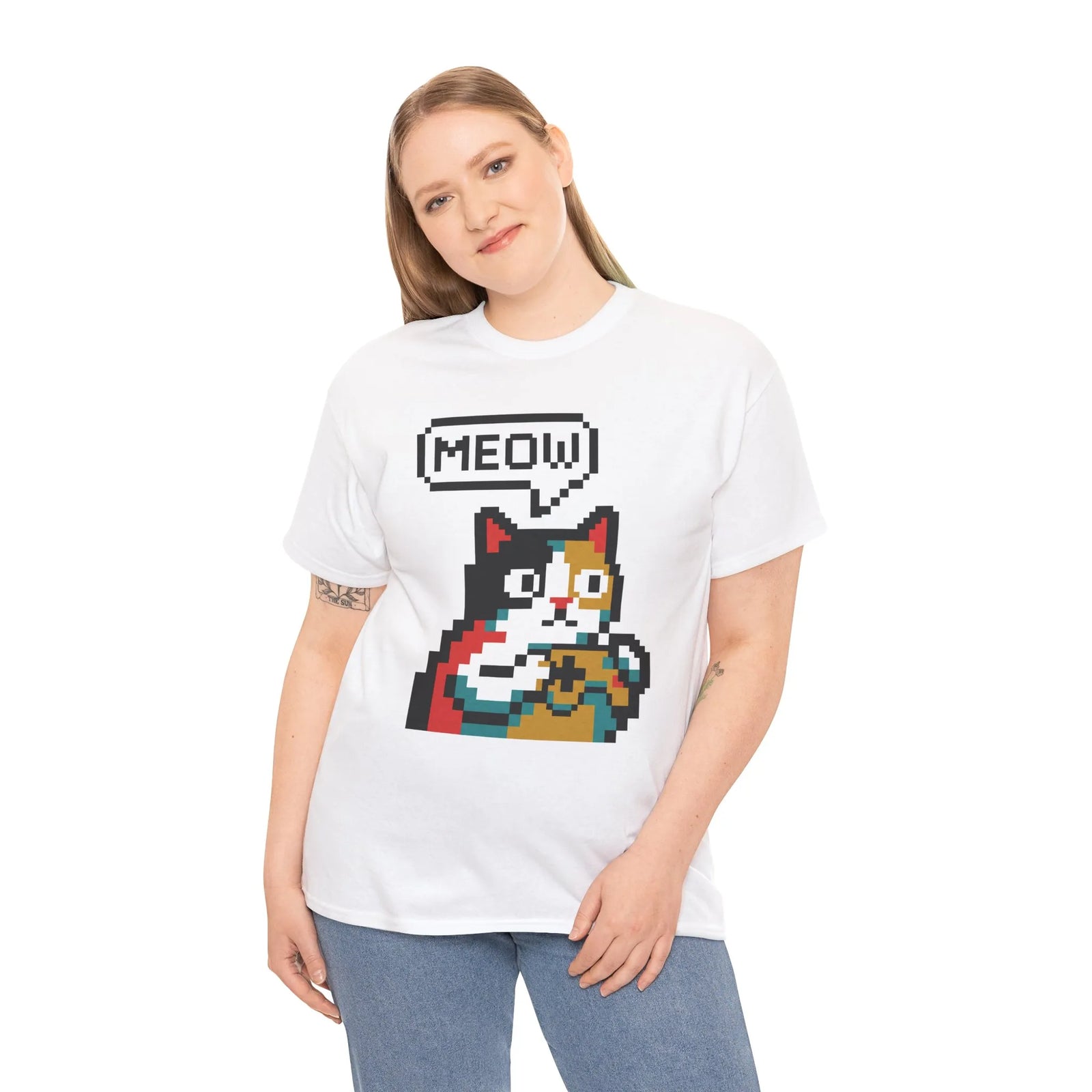Player One 8-Bit Pixel Gaming Cats T-Shirt - Heavyweight 100% Cotton Tee - Unisex White