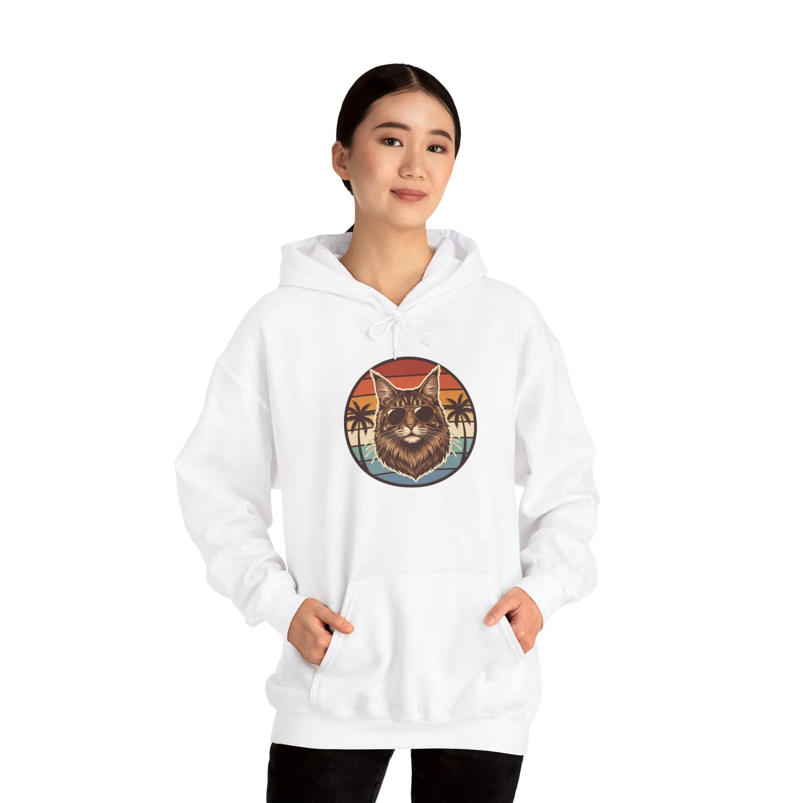 Maine Coon Cat Aviators Sunset Hoodie - Cozy Fleece Blend Pullover - Unisex White