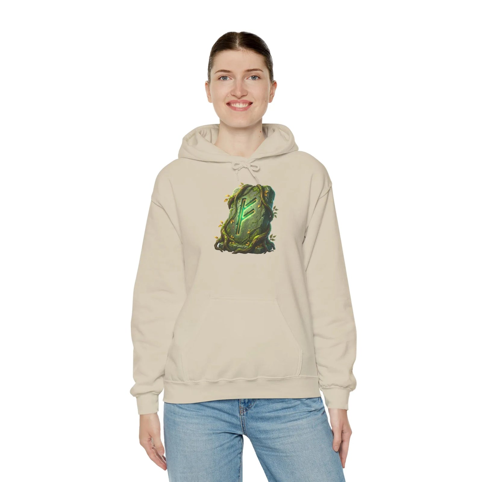 Fehu Rune Norse Symbol Hoodie - Soft Cotton Blend Pullover - Unisex Off White