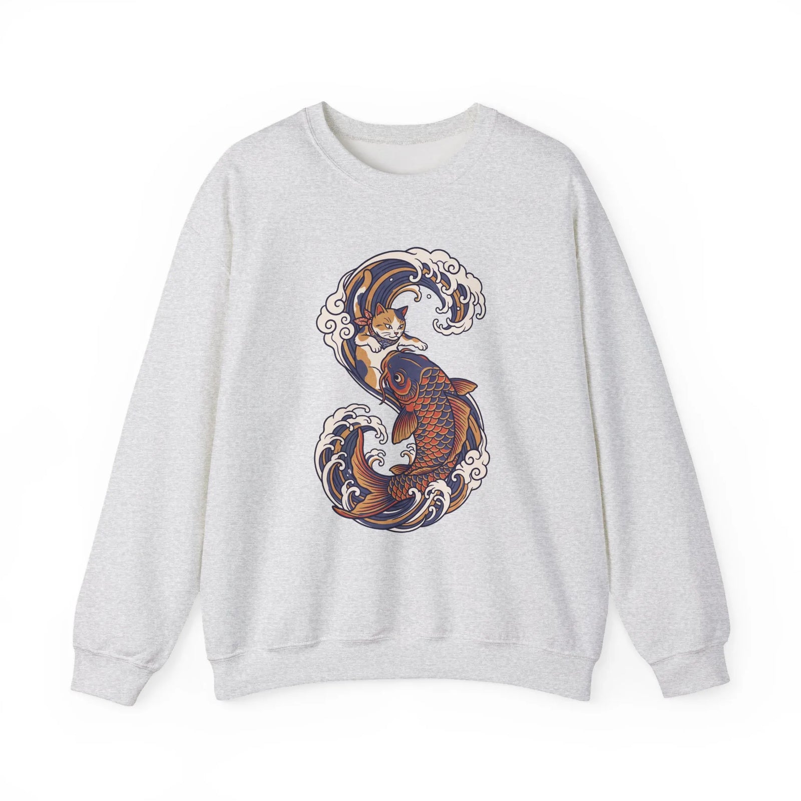 Koi Rider Ukiyo-e Samurai Cats Sweatshirt - Heavy Blend Fleece Crewneck - Unisex Ash