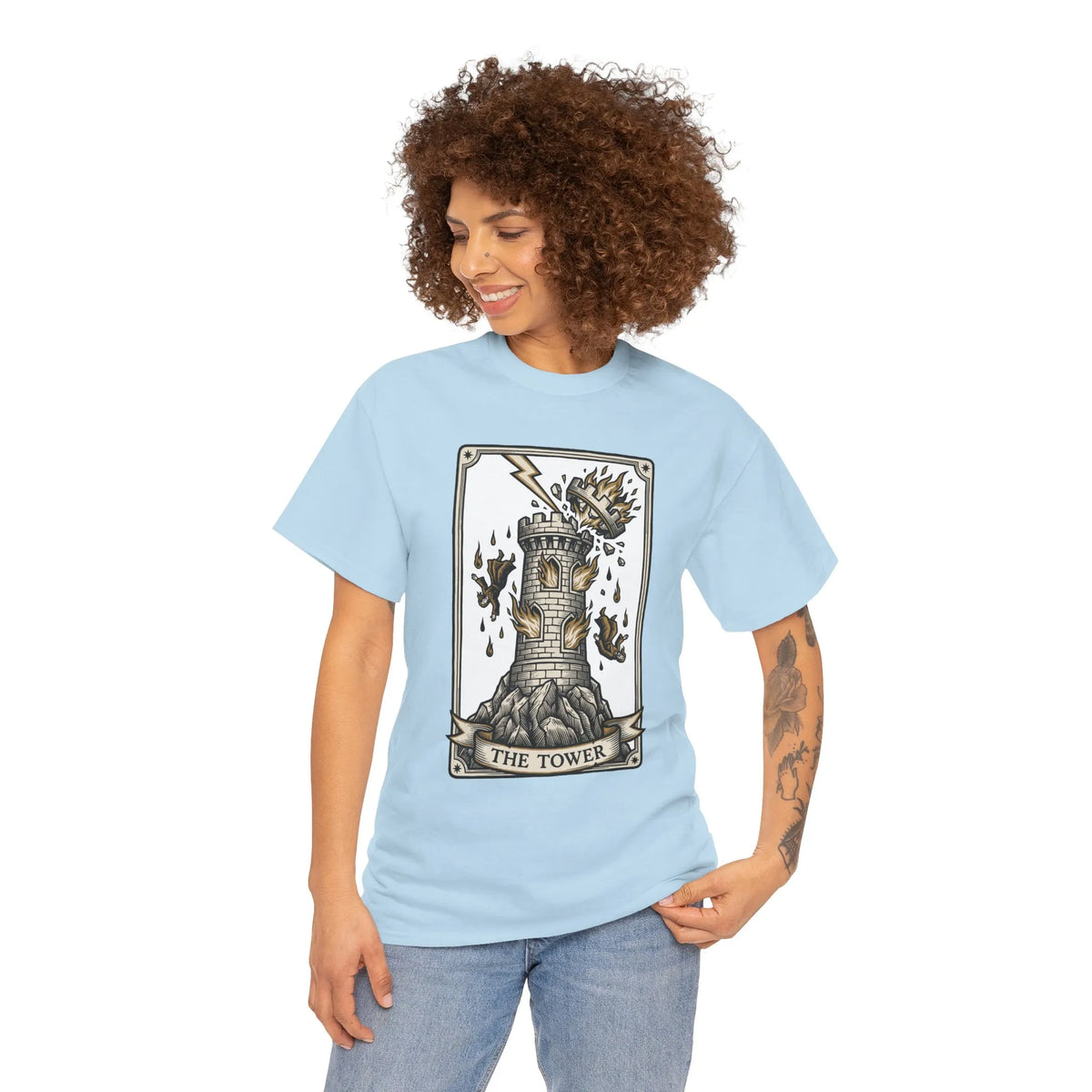 The Tower Tarot Card Graphic T-Shirt - Heavy Cotton Classic Fit Tee - Unisex White