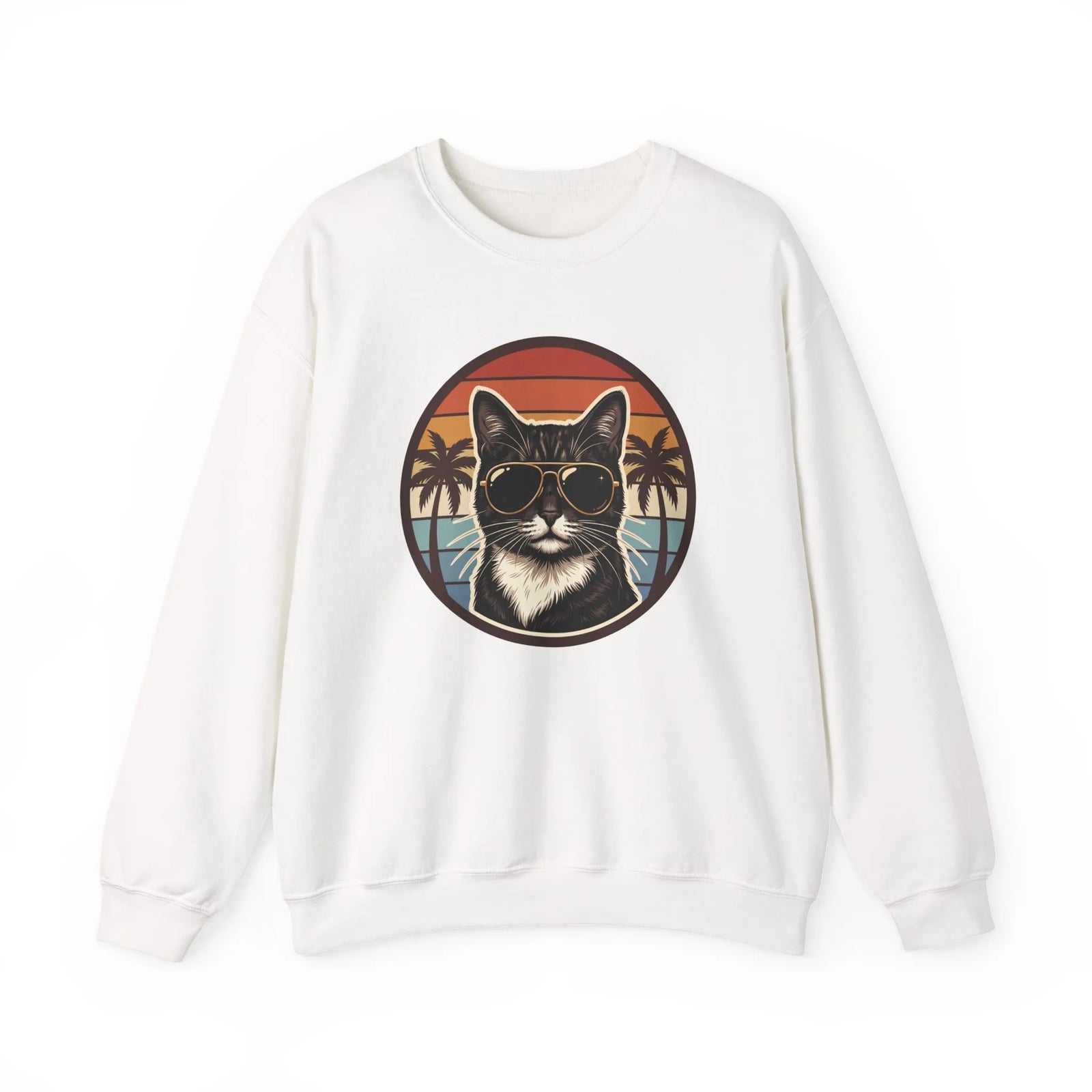 Tuxedo Cats 70s Sunset Sweatshirt - Heavy Blend Fleece Crewneck - Unisex White