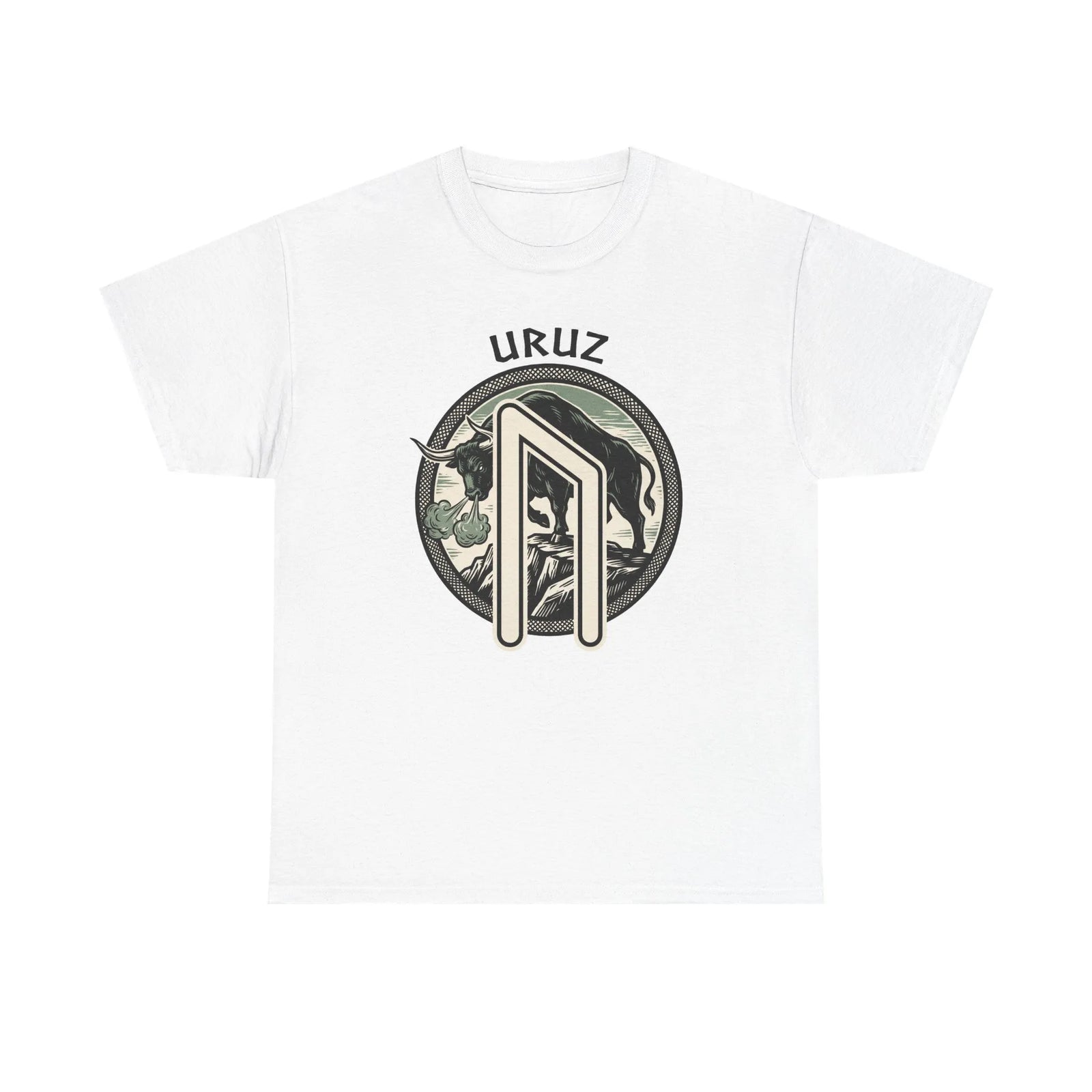 Uruz Runic Bull Graphic T-Shirt - Heavyweight Cotton Classic Fit Tee - Unisex White