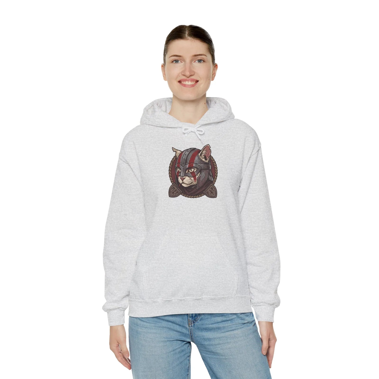 Viking Berserker Cat Warpaint Hoodie - Soft Cotton-Poly Fleece Pullover - Unisex Ash