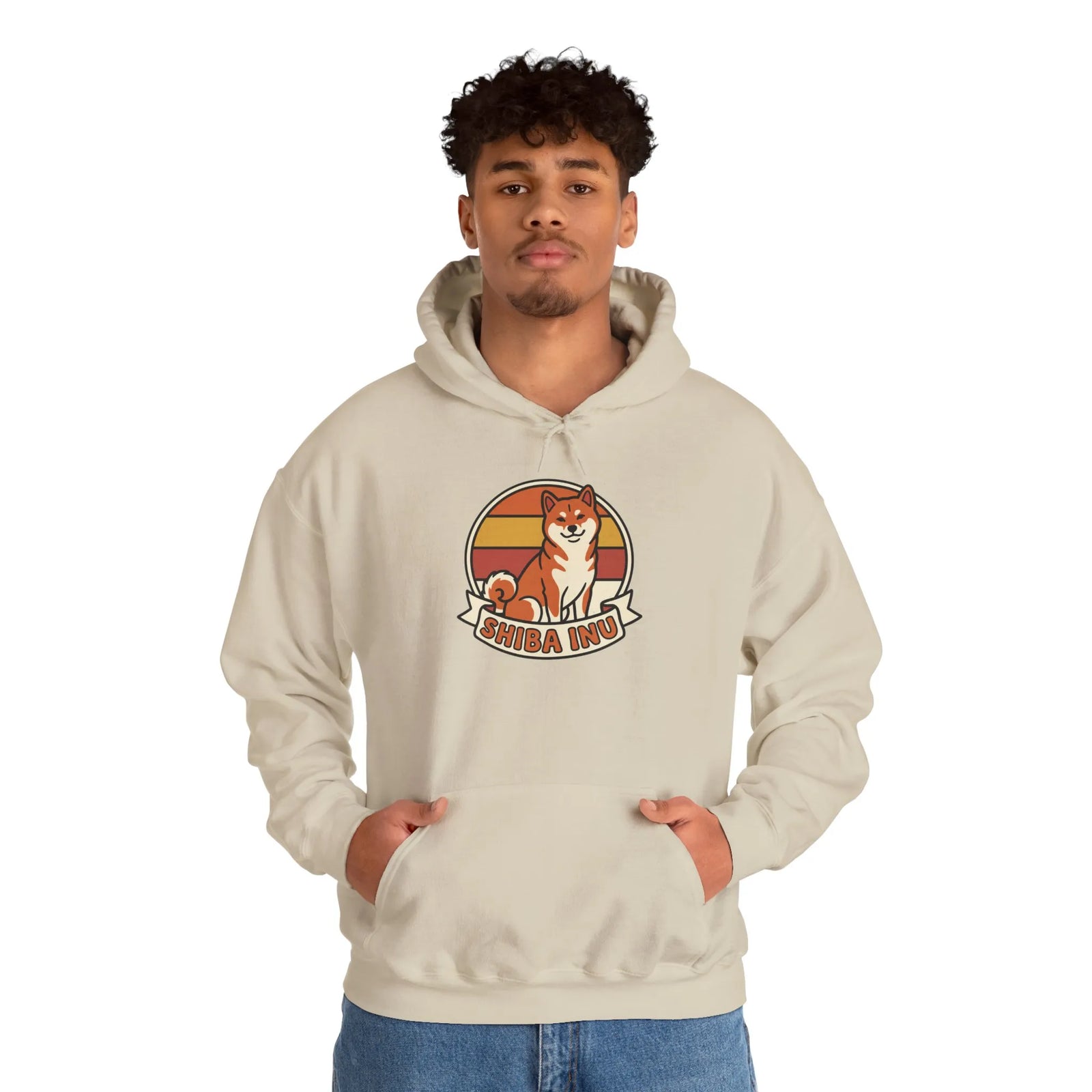 Shiba Inu Retro 70s Sunset Graphic Hoodie - Medium-Heavy Cotton Blend Fleece - Unisex White