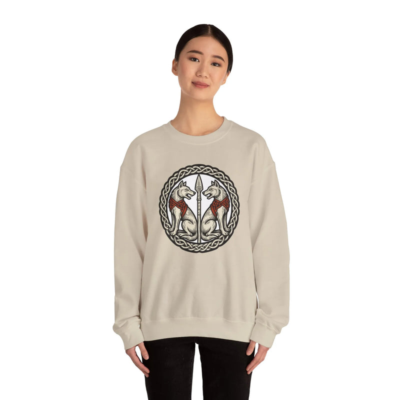 Odin's Wolves Geri & Freki Woodcut Sweatshirt - Heavy Blend Cotton Poly Crewneck - Unisex White