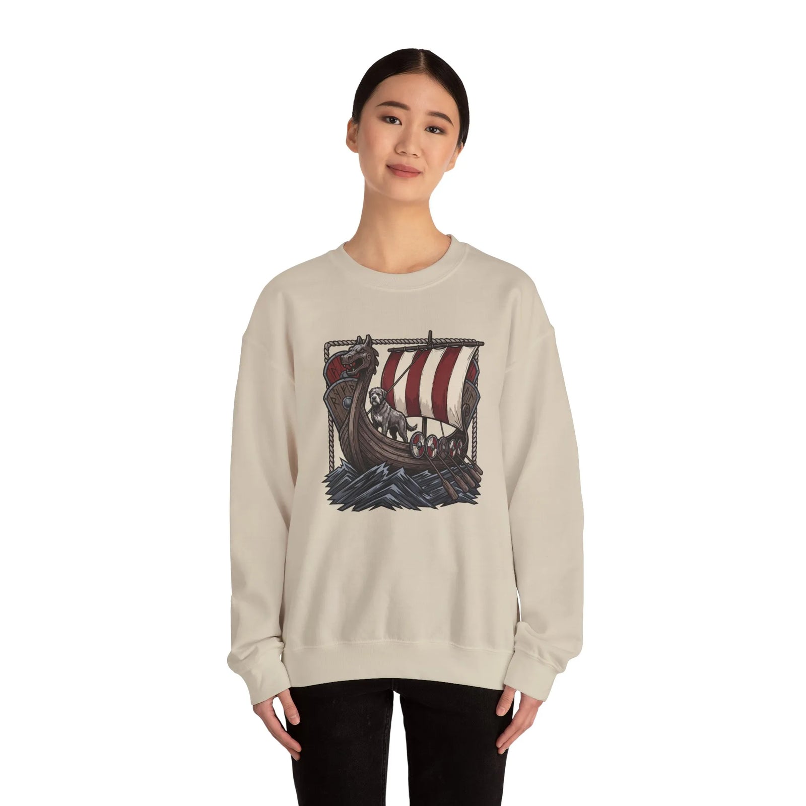 Viking Berserker Dogs Longship Prow Sweatshirt - Heavy Blend Cotton Poly Crewneck - Unisex White