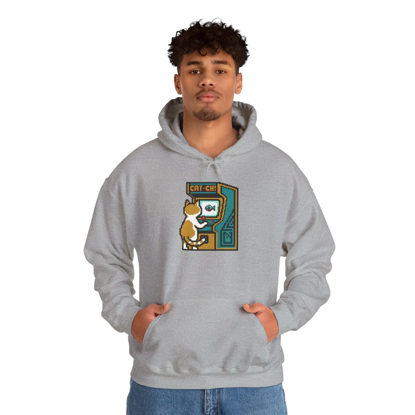 Arcade Gaming Pixel Cat Hoodie - Classic Fit Cotton Blend Pullover - Unisex White
