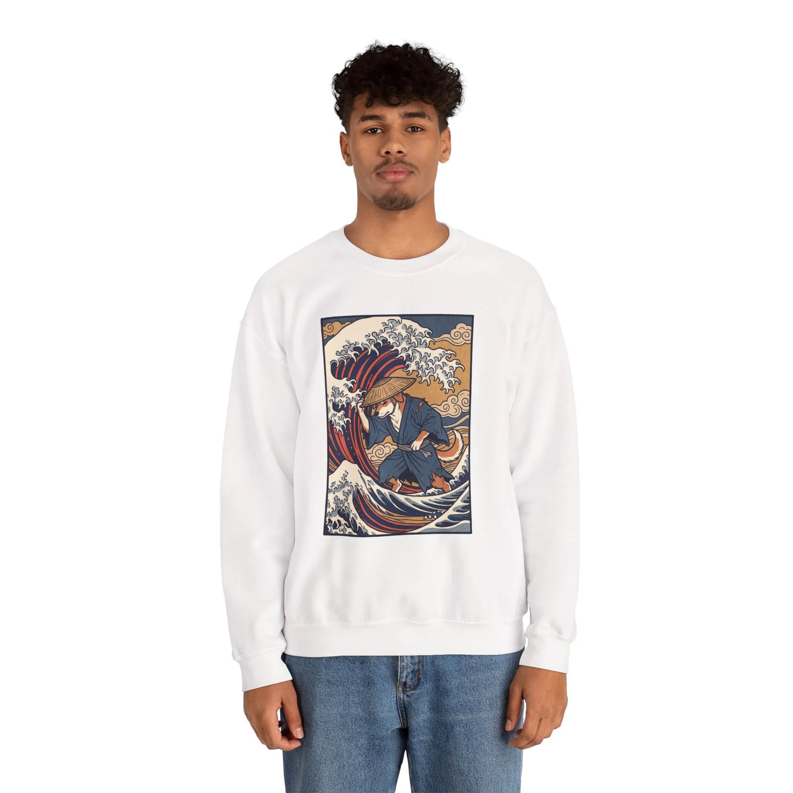 Ronin Wave Ukiyo-e Samurai Dog Sweatshirt - Heavyweight Cotton Blend Crewneck - Unisex White