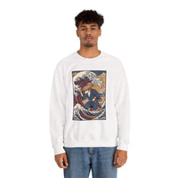 Ronin Wave Ukiyo-e Samurai Dog Sweatshirt - Heavyweight Cotton Blend Crewneck - Unisex White