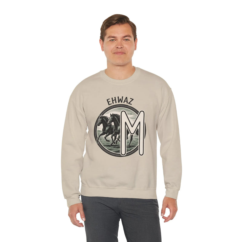 Ehwaz Divine Twins Horse Sweatshirt - Heavy Blend Cotton Blend Crewneck - Unisex White