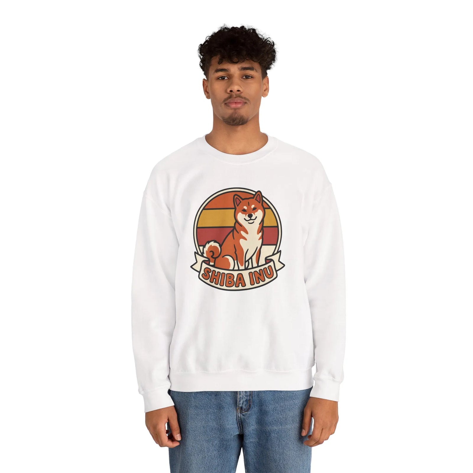 Shiba Inu Retro Sunset Graphic Sweatshirt - Heavy Blend Fleece Crewneck - Unisex White