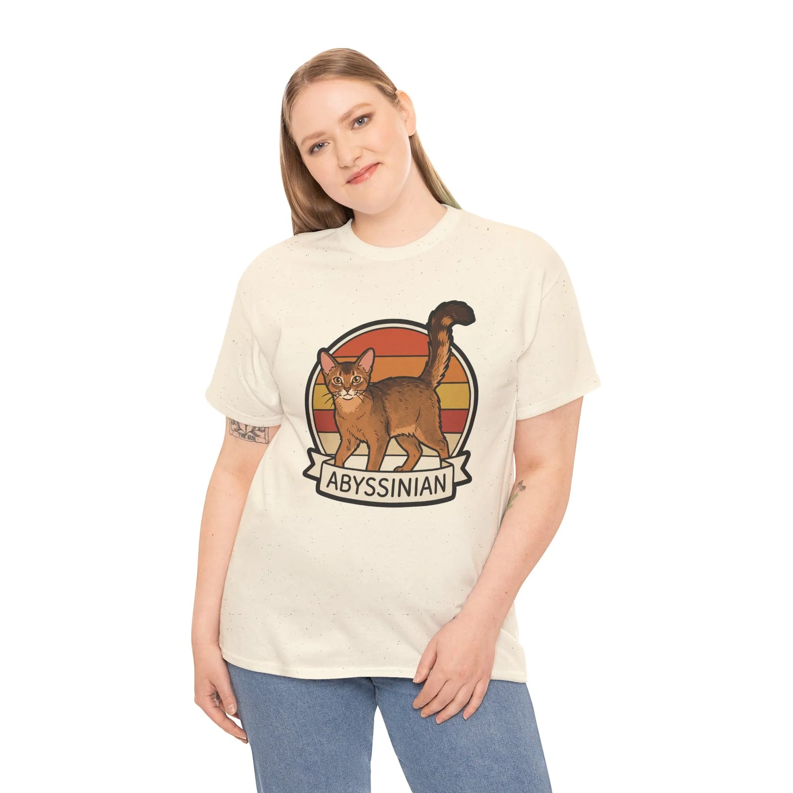Abyssinian Retro 70s Sunset Cat T-Shirt - Heavy Cotton Classic Fit Tee - Unisex White