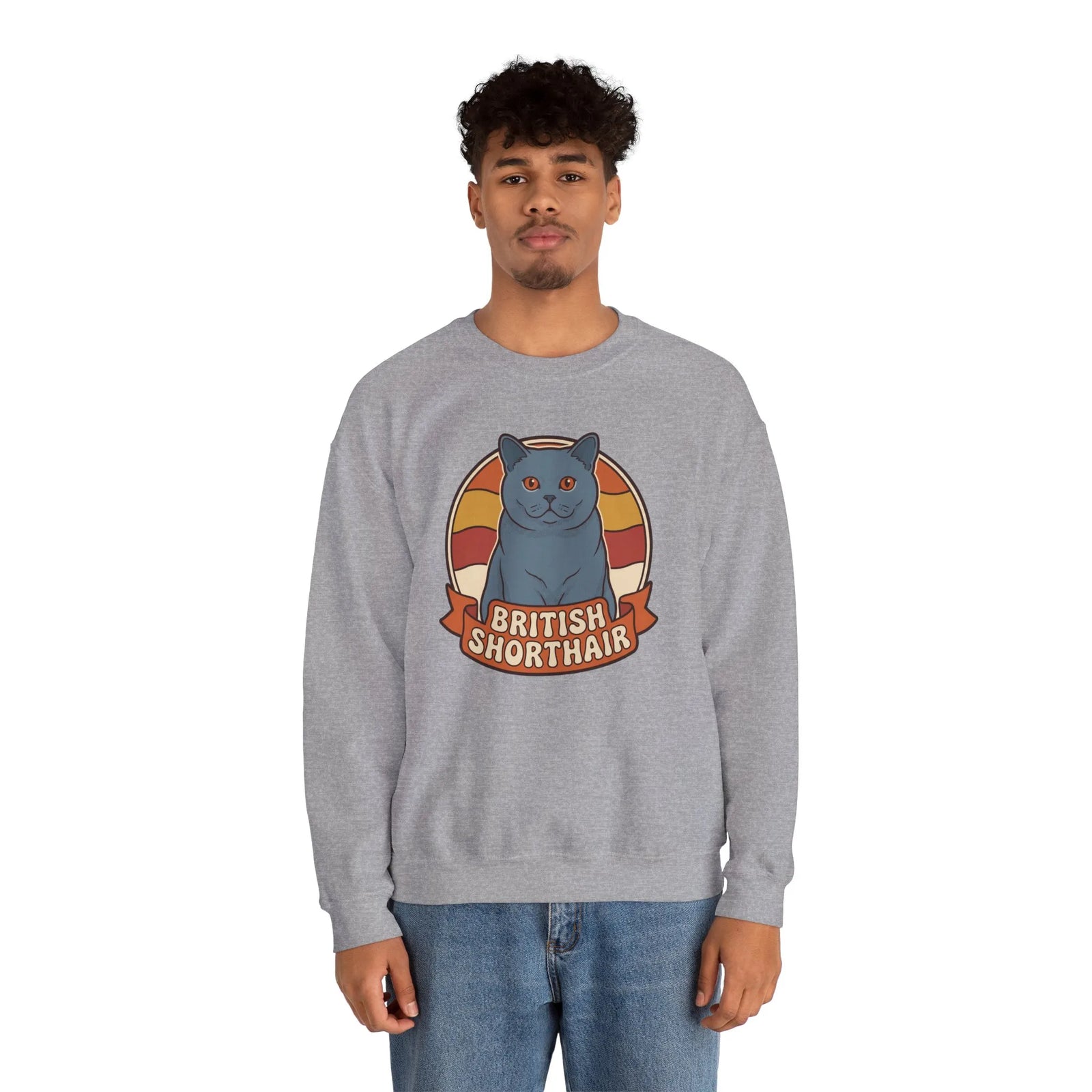 British Shorthair Retro Sunset Cat Sweatshirt - Heavy Blend Fleece Crewneck - Unisex White