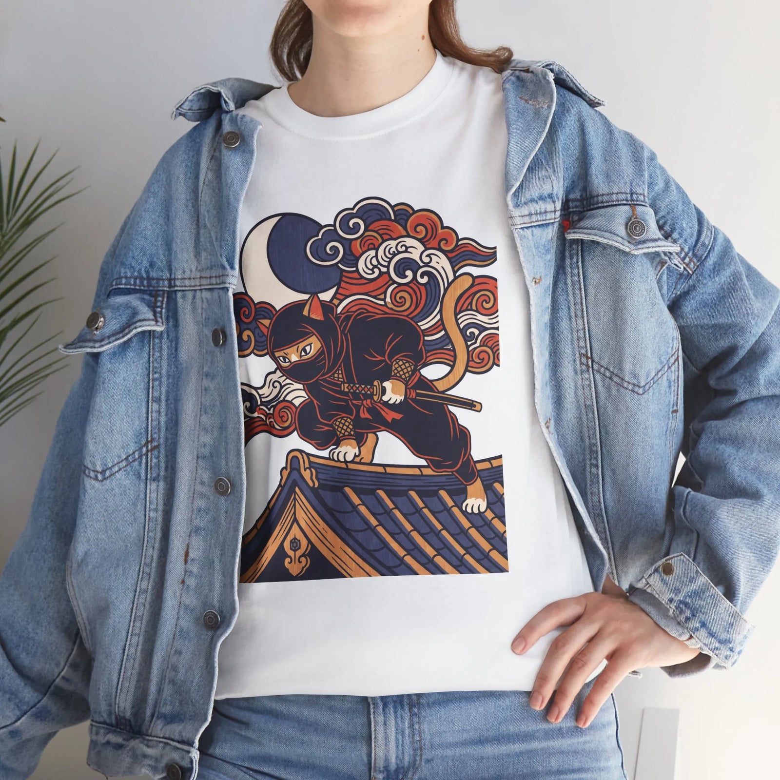 Ukiyo-e Samurai Cat Ninja T-Shirt - 100% Cotton Classic Fit Tee - Unisex White