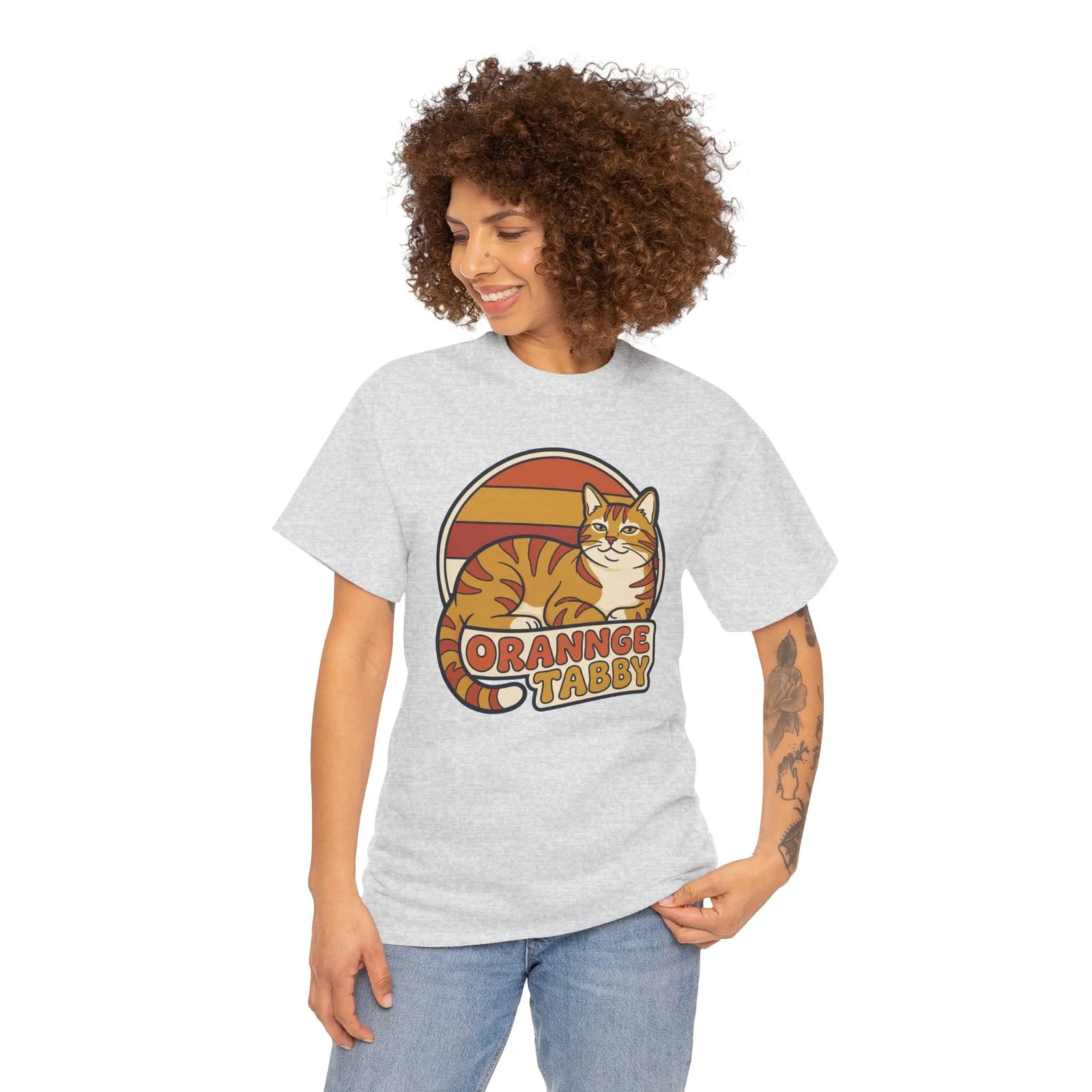 Retro 70s Sunset Orange Tabby T-Shirt - Heavyweight 100% Cotton Classic Fit - Unisex Off White