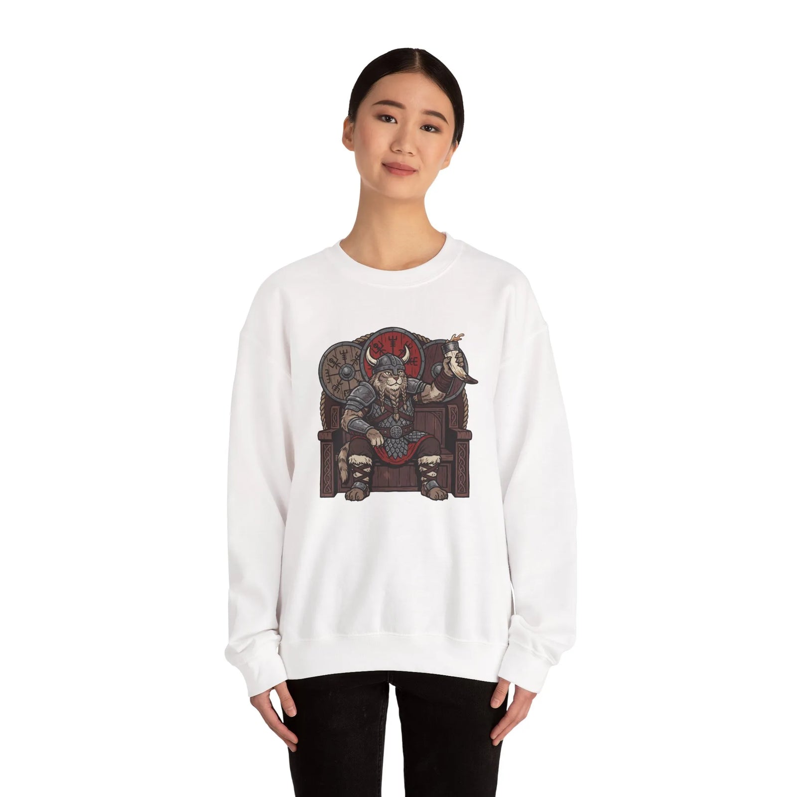 Viking Berserker Cats Graphic Sweatshirt - Heavy Blend Classic Fit Crewneck - Unisex White