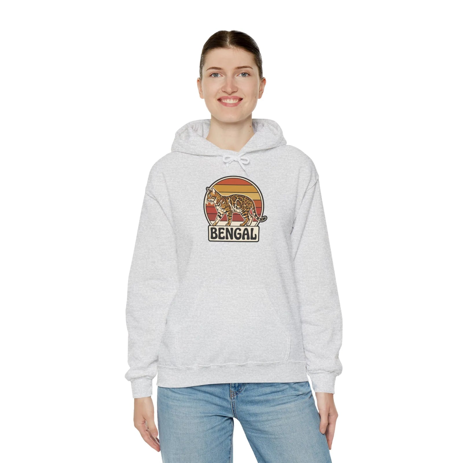 Retro 70s Sunset Bengal Cat Hoodie - Cozy Fleece Blend Pullover - Unisex Ash