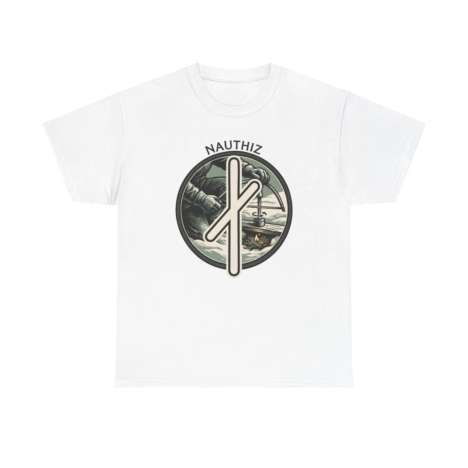 Nauthiz Rune Need Fire T-Shirt - Heavyweight Classic Fit Cotton Tee - Unisex White