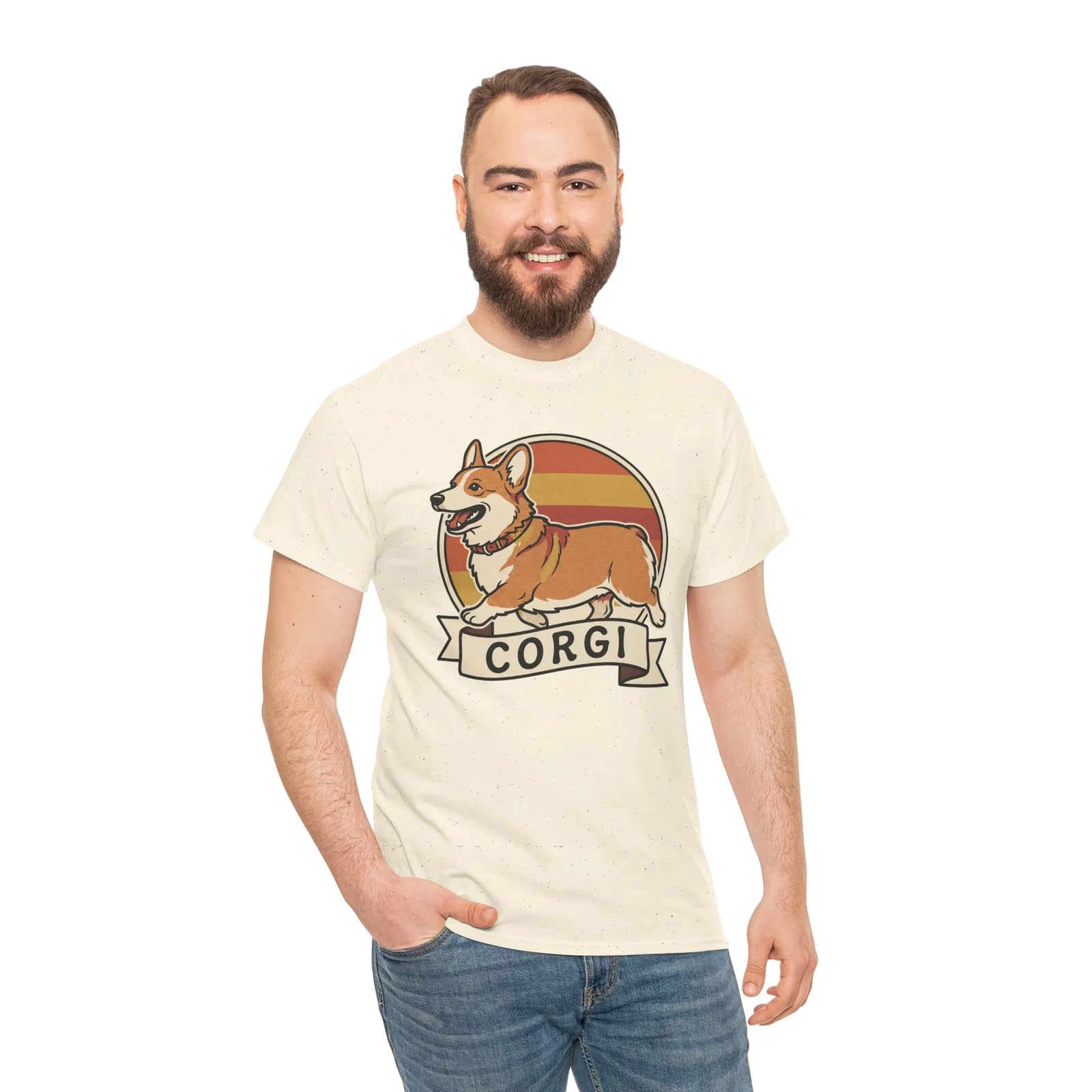 Corgi Retro 70s Sunset T-Shirt - Heavyweight Cotton Classic Fit Tee - Unisex White