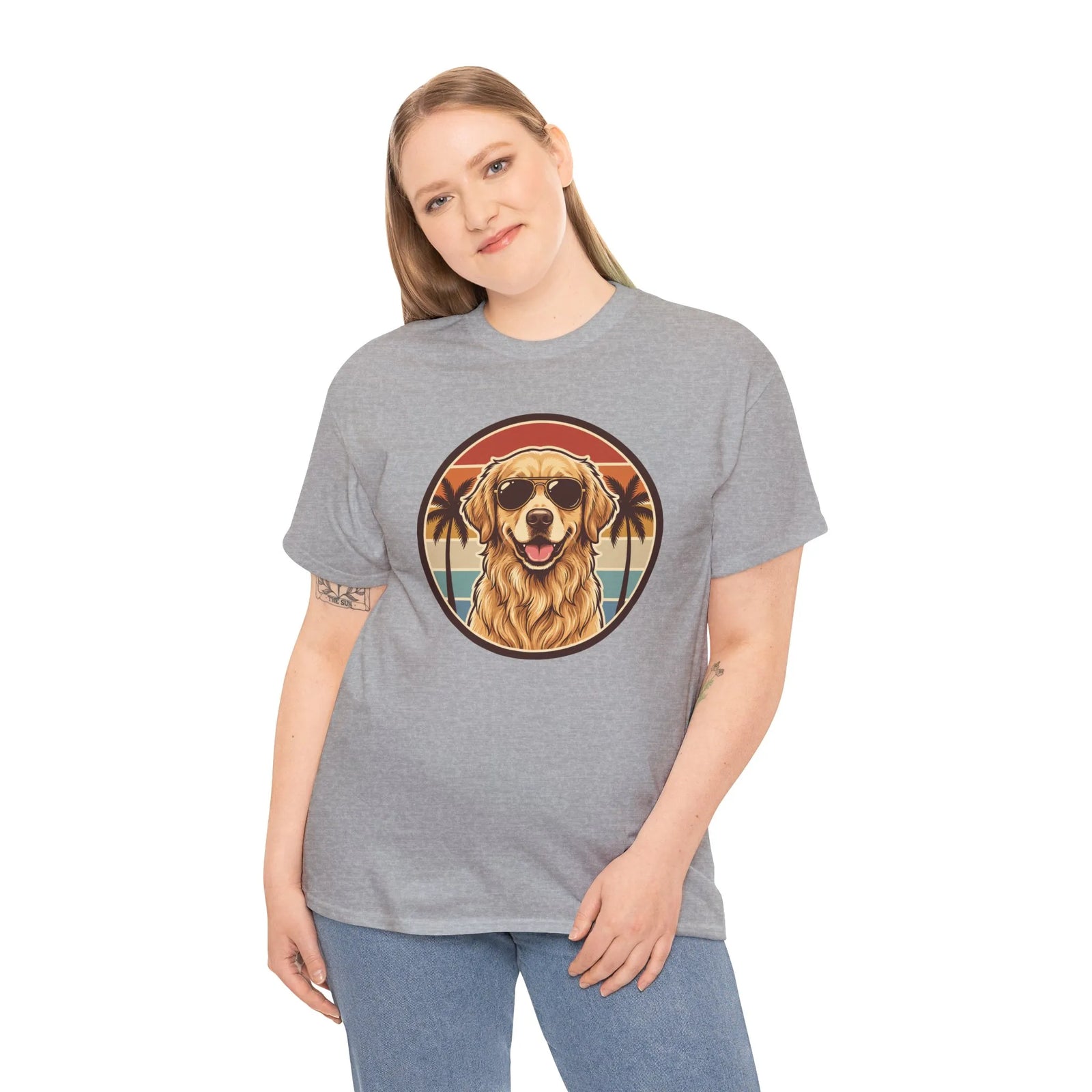 Golden Retriever Sunset Aviator T-Shirt - Heavy Cotton Classic Fit Tee - Unisex White