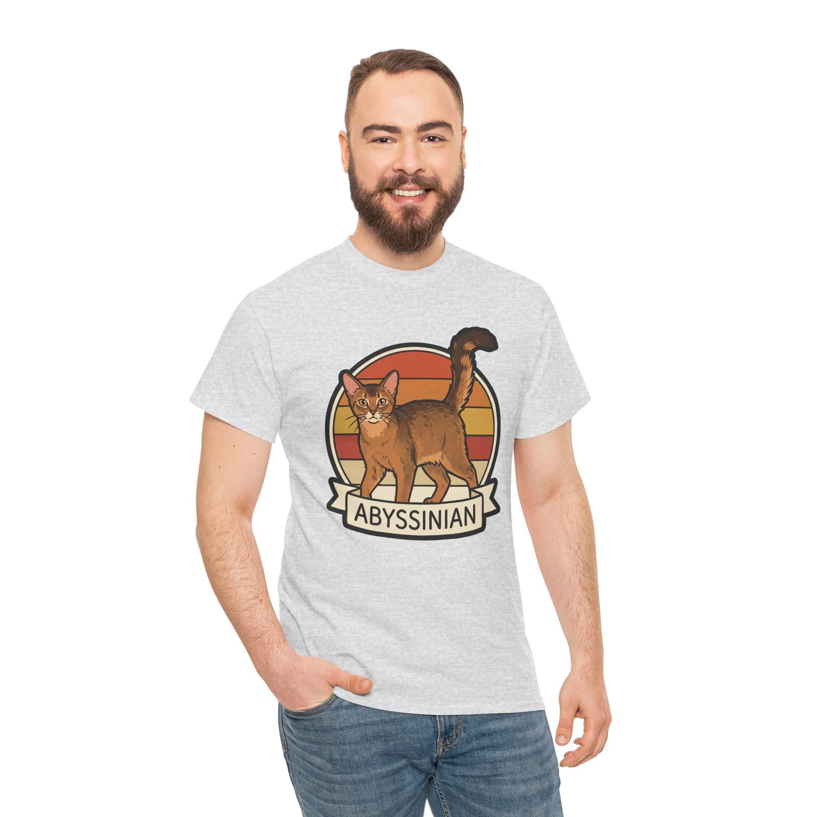 Abyssinian Retro 70s Sunset Cat T-Shirt - Heavy Cotton Classic Fit Tee - Unisex White