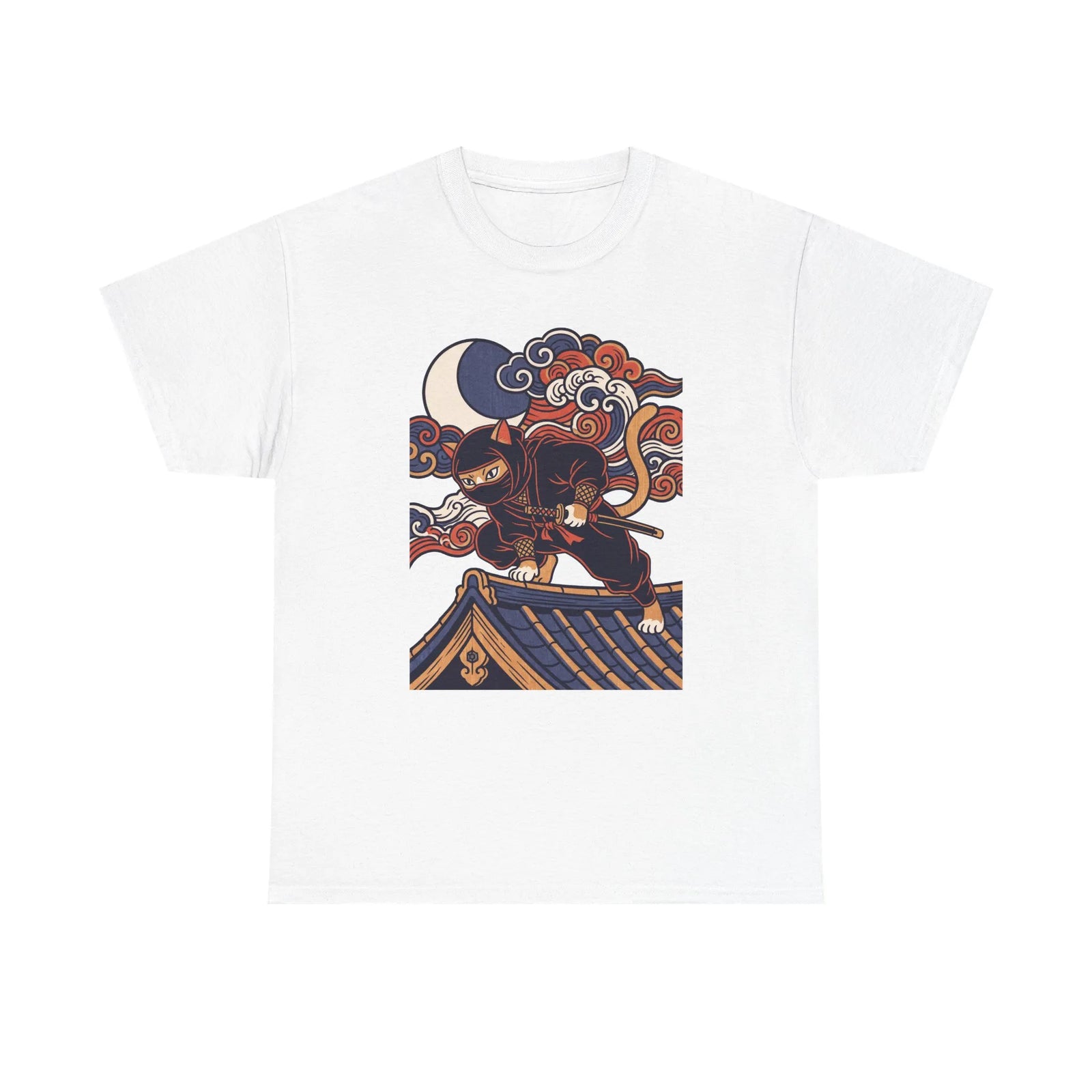 Ukiyo-e Samurai Cat Ninja T-Shirt - 100% Cotton Classic Fit Tee - Unisex White