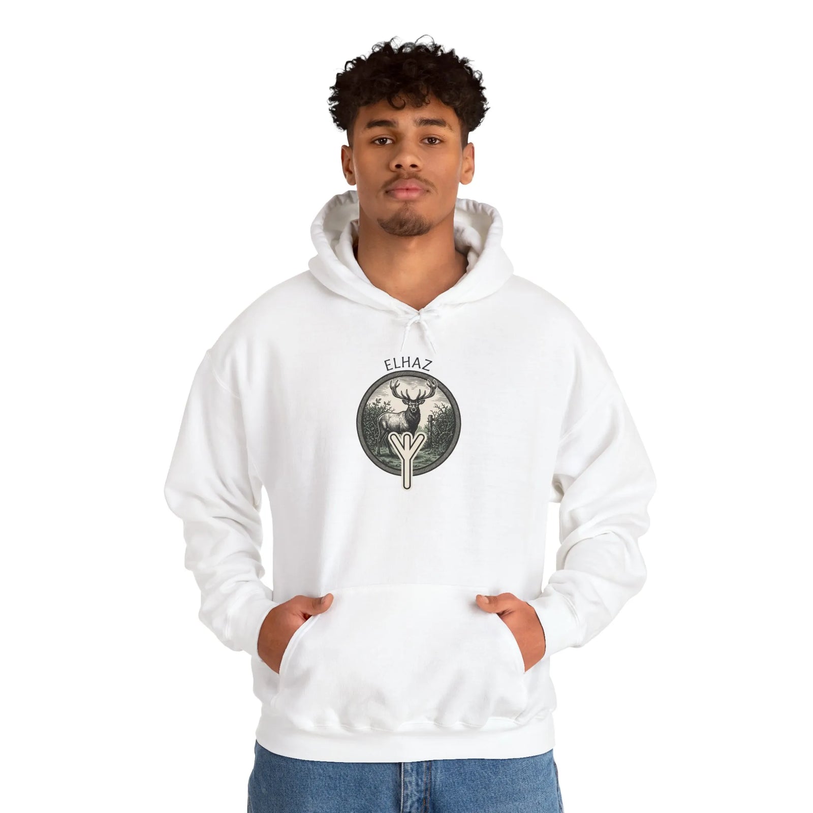 Elhaz Rune Deer Forest Graphic Hoodie - Heavy Blend Fleece Pullover - Unisex White