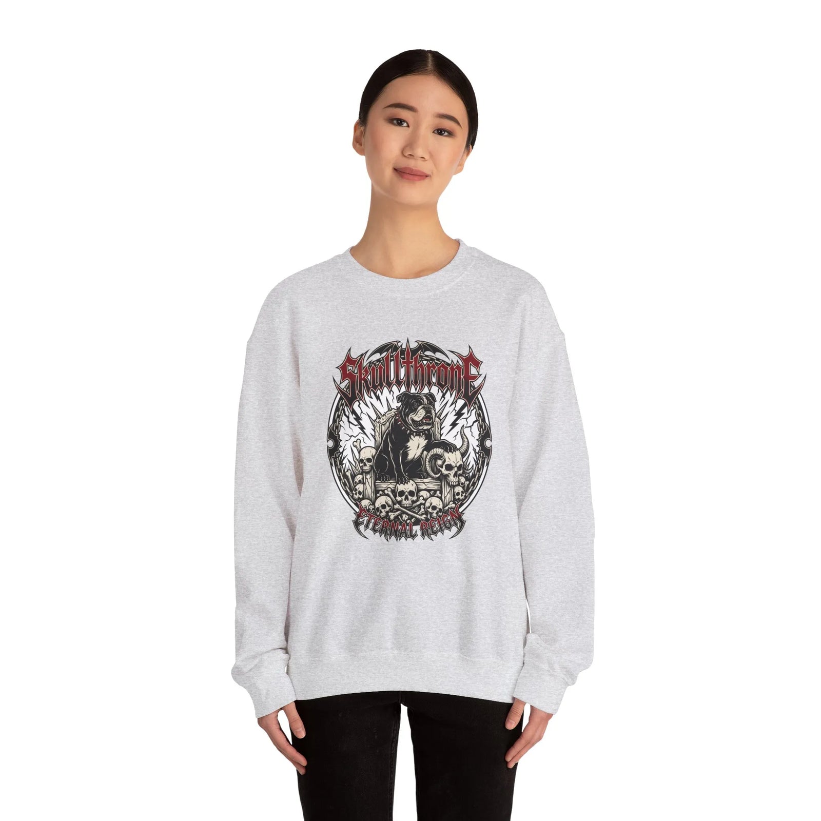 Skull Throne Heavy Metal Rocker Dogs Sweatshirt - Heavy Blend Cotton Poly Crewneck - Unisex White