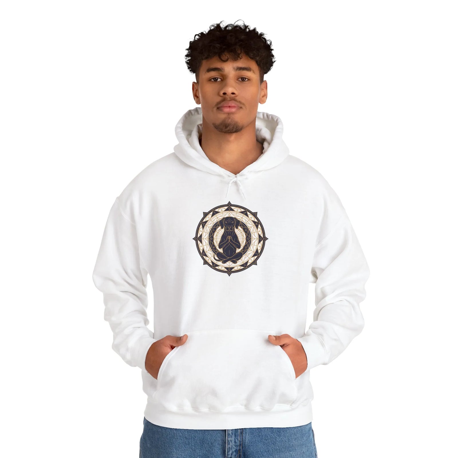 Meditating Dog Sacred Geometry Hoodie - Heavy Blend Cotton Poly Fleece - Unisex White