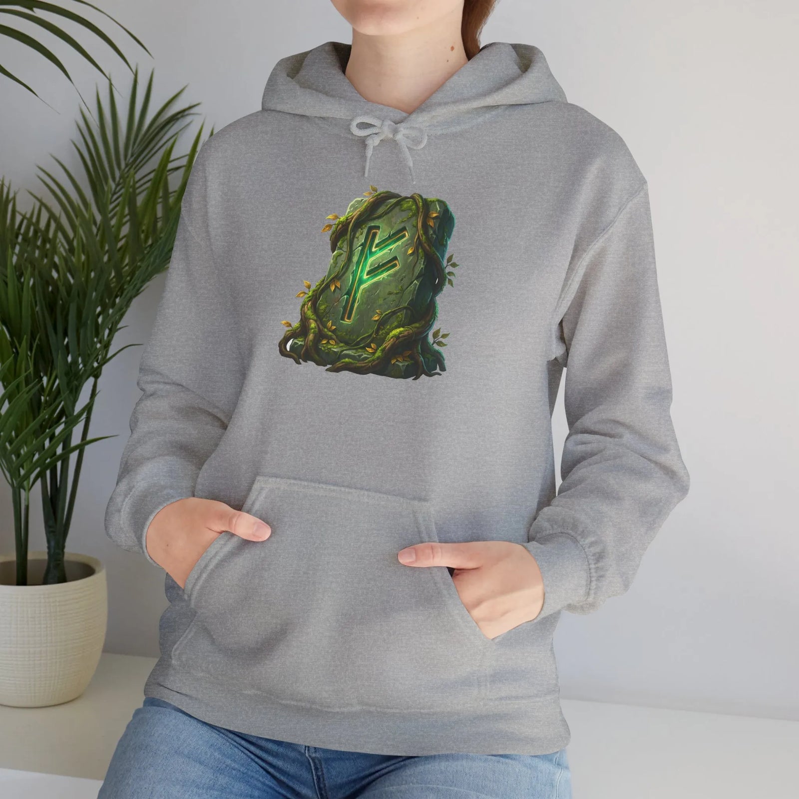 Fehu Rune Norse Symbol Hoodie - Soft Cotton Blend Pullover - Unisex Off White