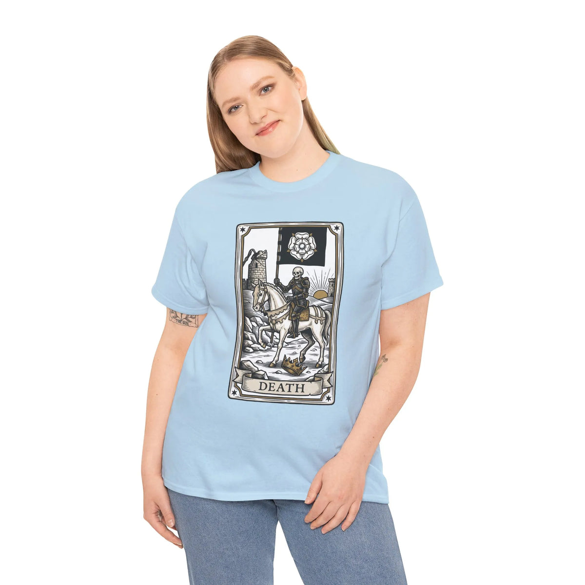 Death Tarot Card Knight Graphic T-Shirt - Heavyweight 100% Cotton Classic Fit Tee - Unisex White