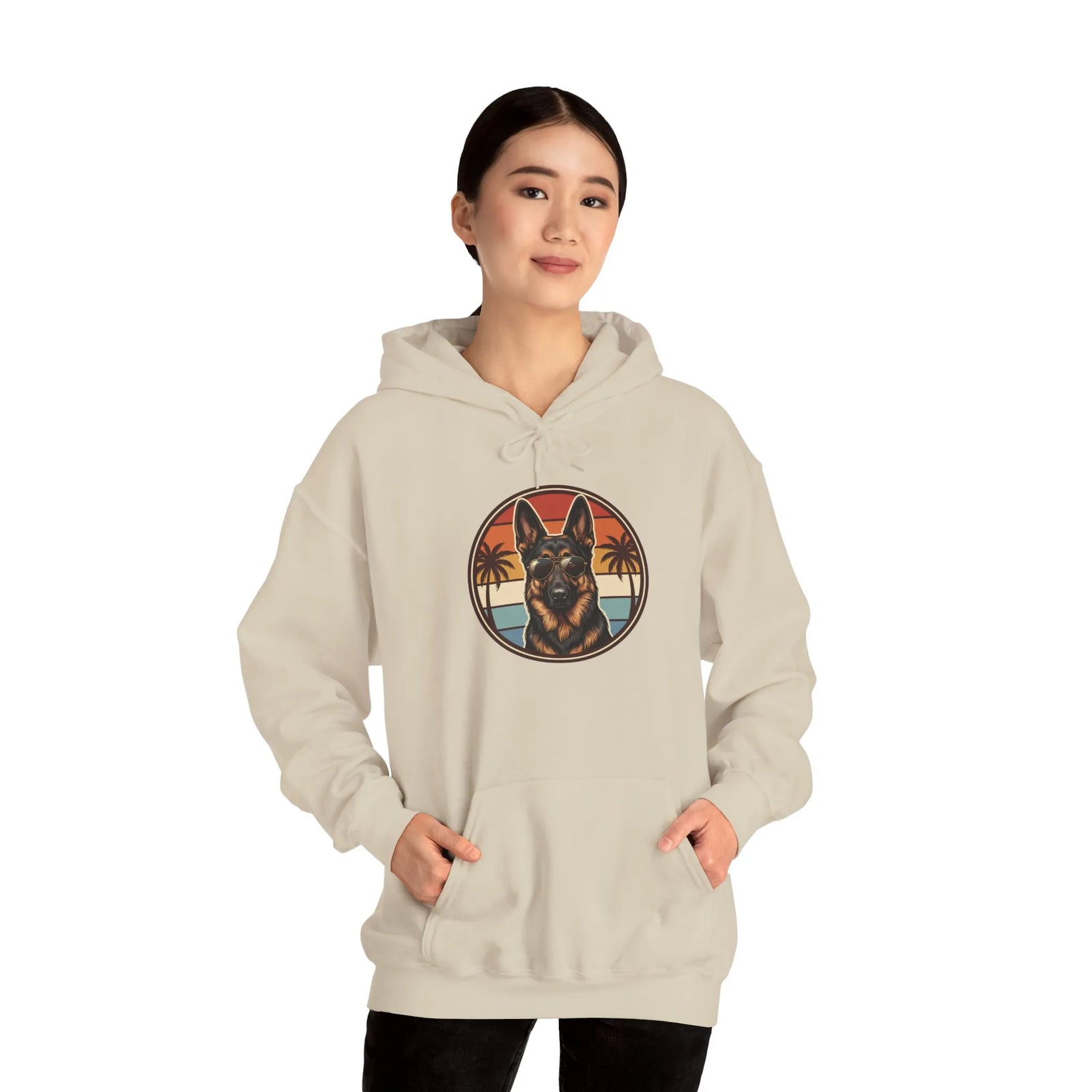 German Shepherd Aviator 70s Sunset Hoodie - Heavy Blend Fleece Pullover - Unisex White