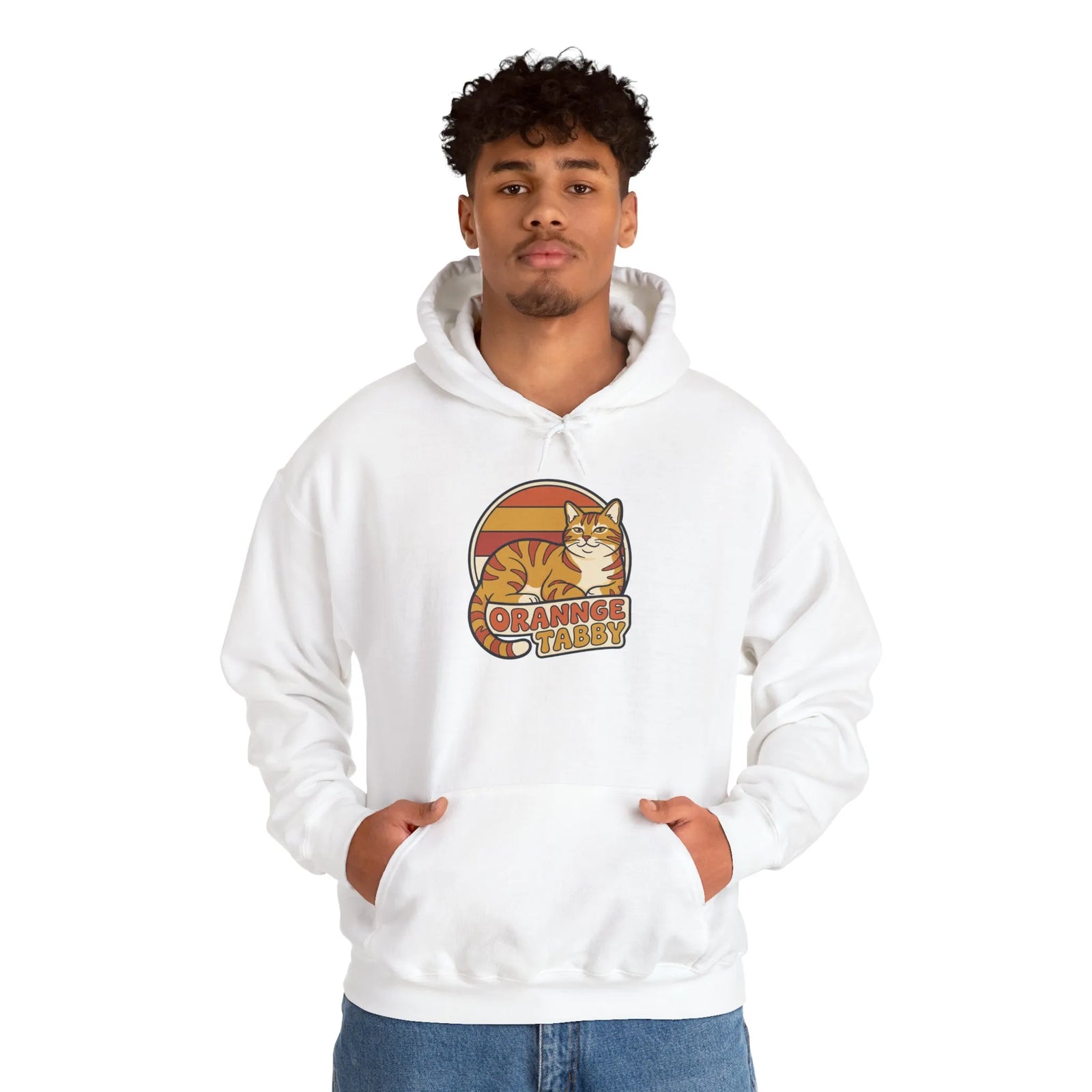 Orange Tabby Retro 70s Sunset Hoodie - Cozy Cotton Blend Pullover - Unisex White