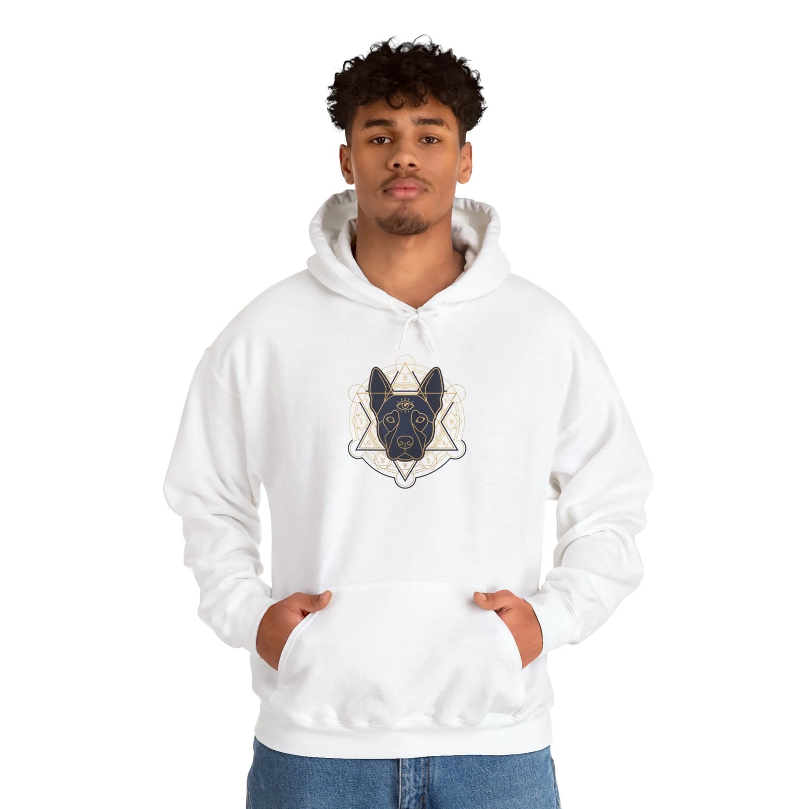 Third Eye Sacred Geometry Spirit Dogs Hoodie - Heavy Blend Fleece Pullover - Unisex White